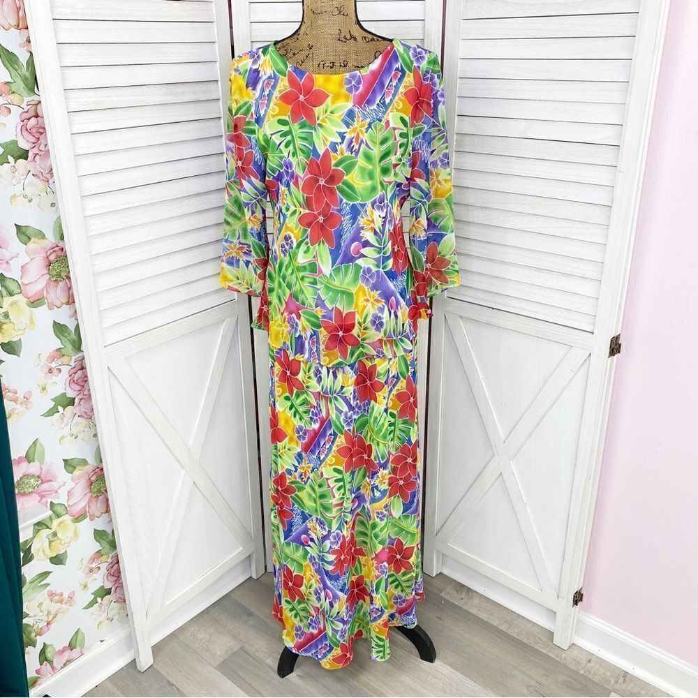 Leslie Fay Vintage Floral Chiffon Maxi Skirt Set Multicolor 10